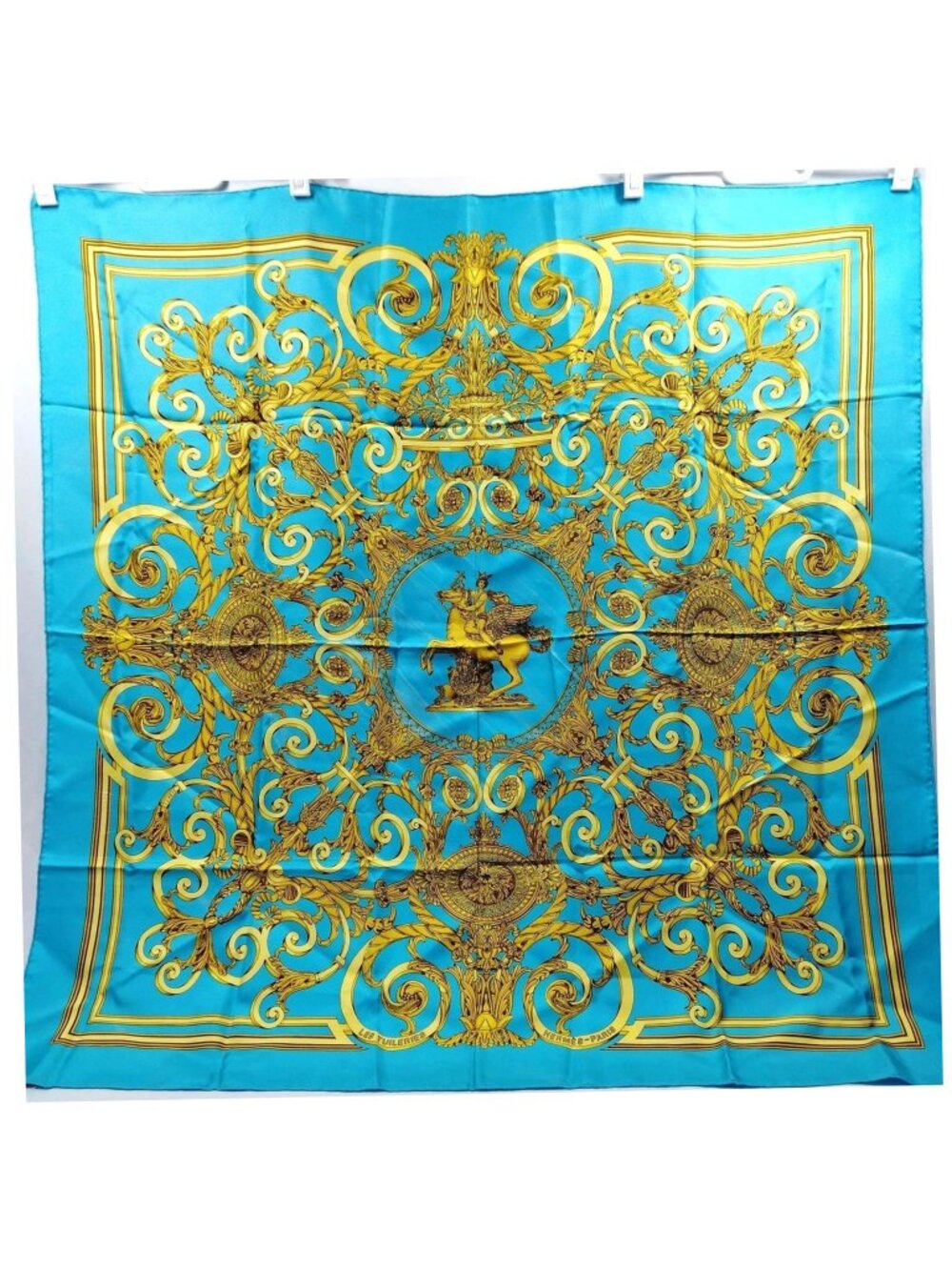 Authentic Hermès Les Tuileries Carré 90 Silk Scarf Blue Gold - Picture 2 of 10